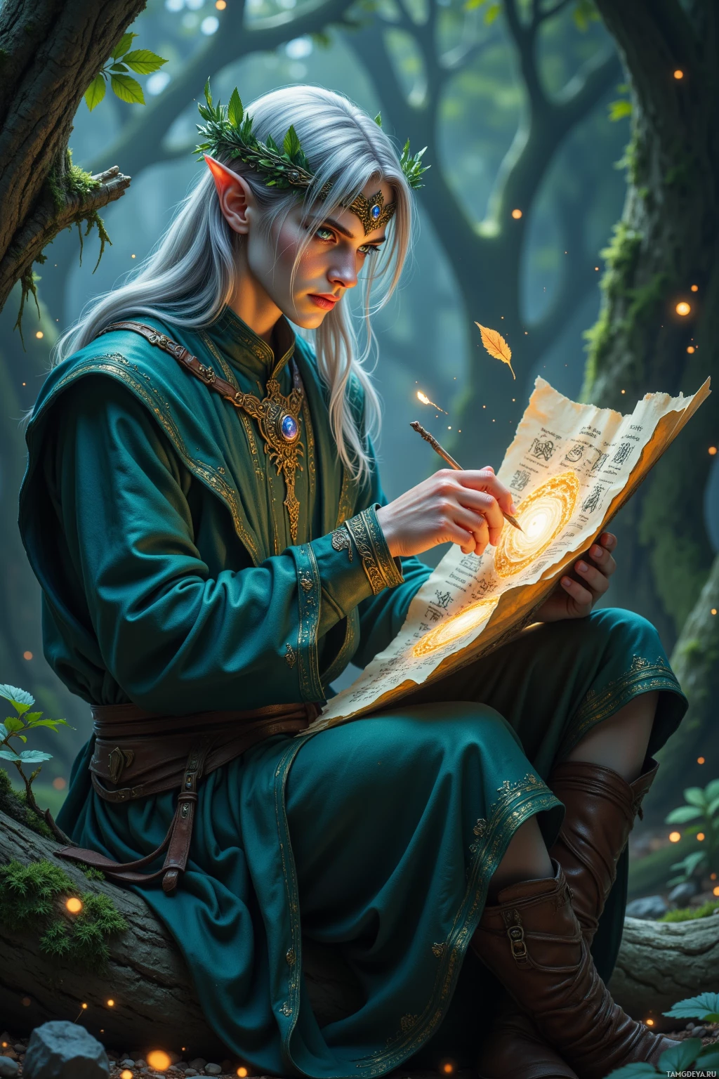 An elf-like figure in a forest setting, dressed in green, writes on a parchment with a glowing quill.