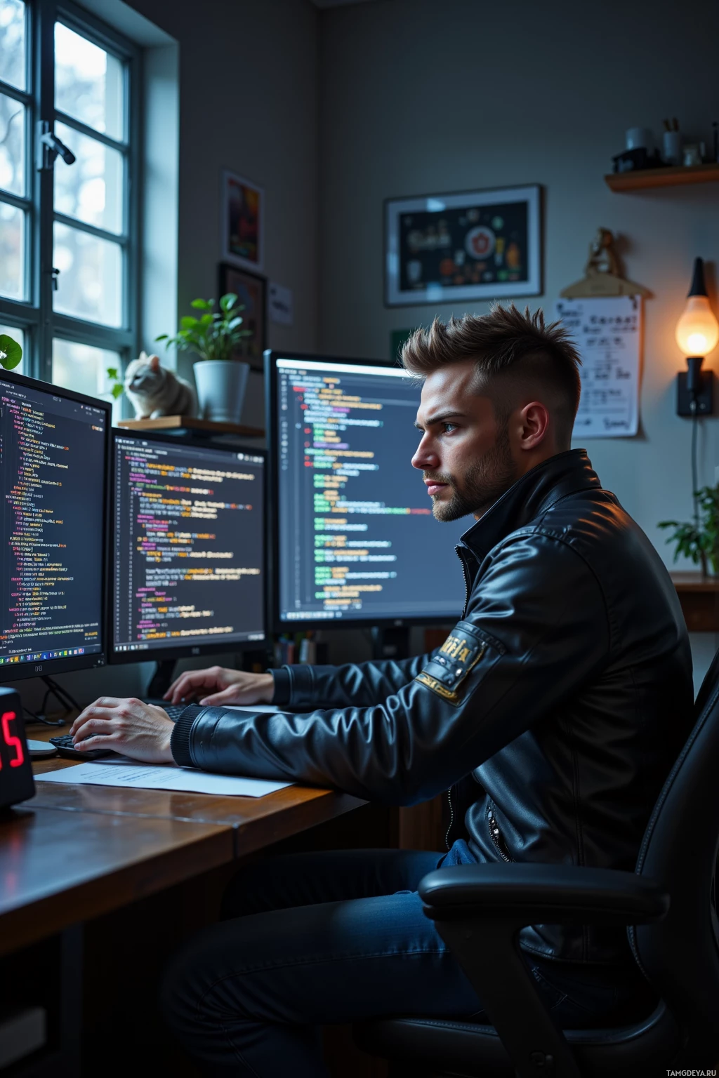 A person in a leather jacket works at a desk with two computer monitors displaying code.