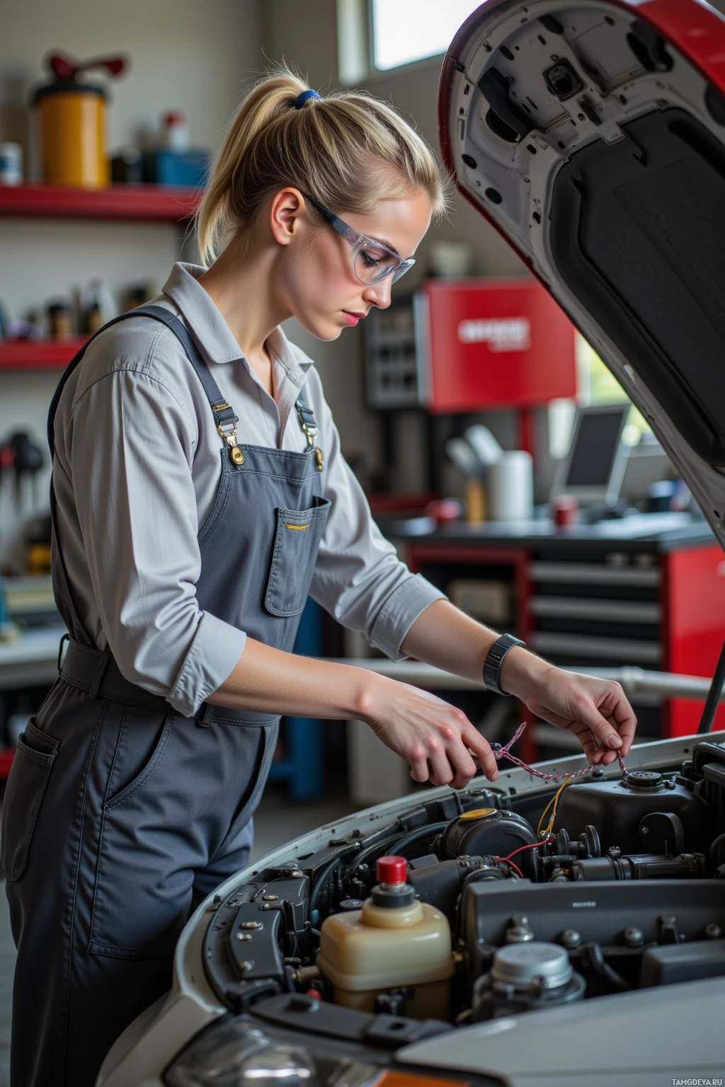 A woman in a mechanic's uniform works on a car engine in a garage.