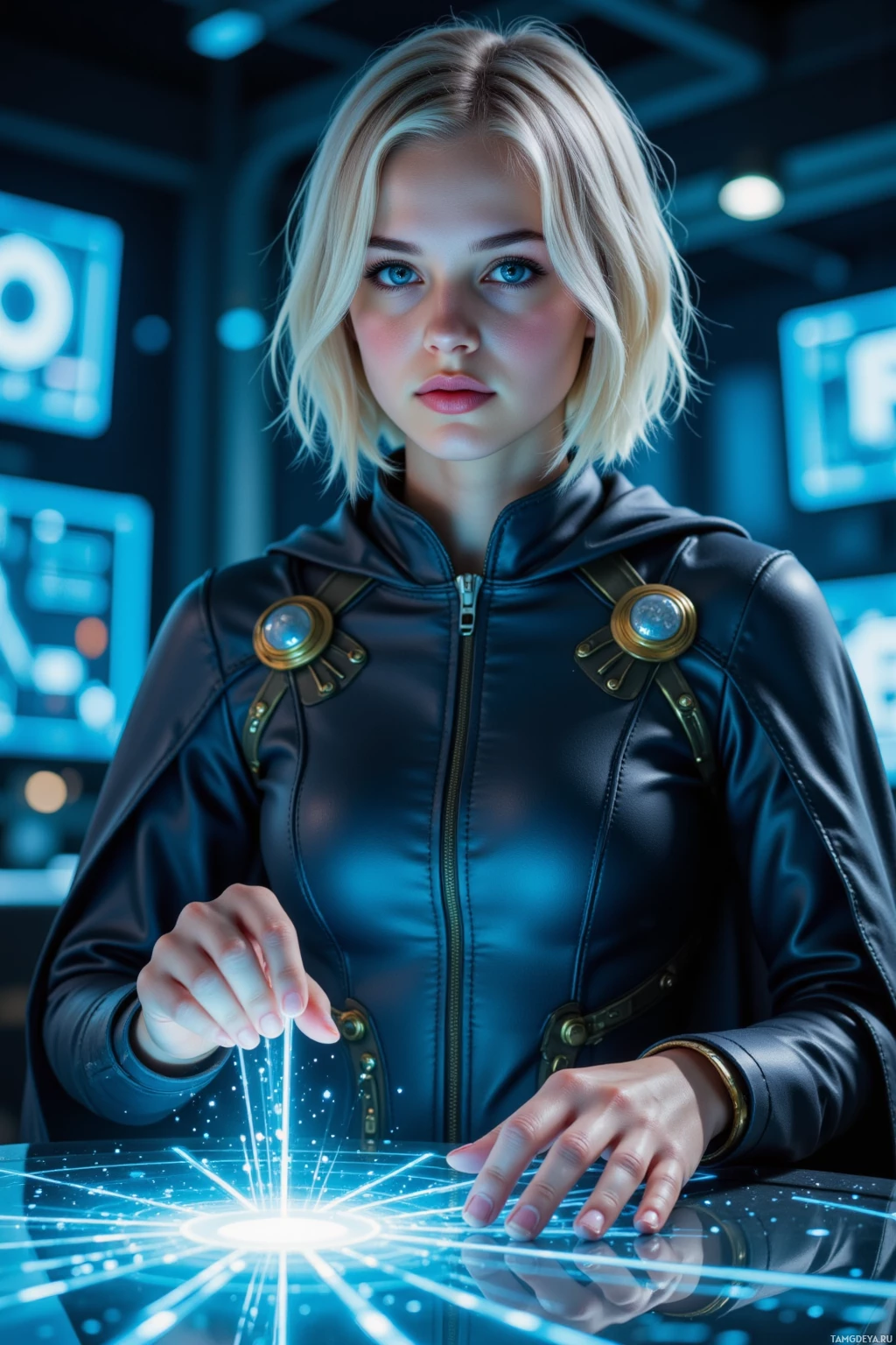 A person in a futuristic outfit interacts with a glowing, high-tech interface.