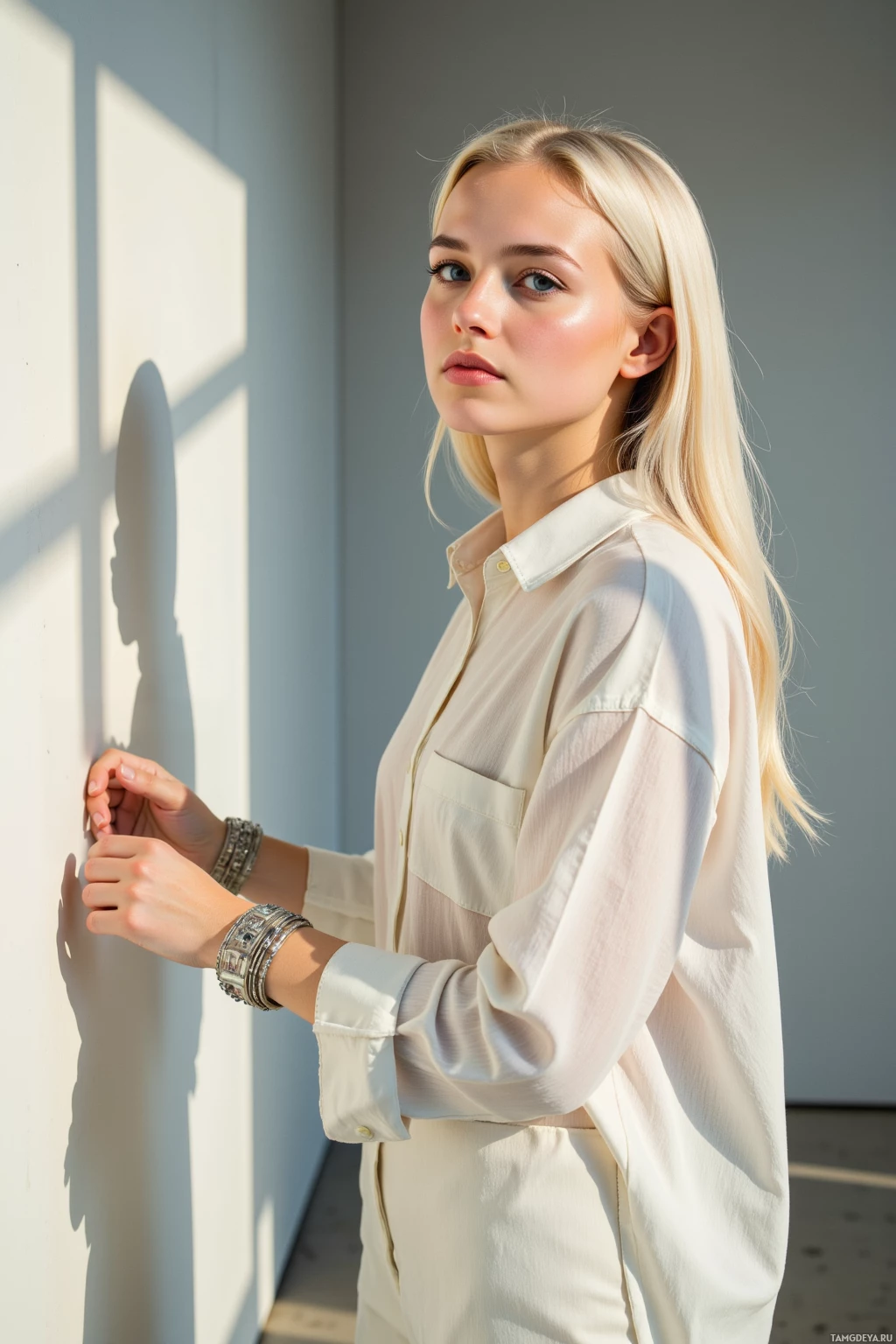 A person with long blonde hair wearing a light-colored shirt and bracelets, standing near a wall with sunlight casting shadows.