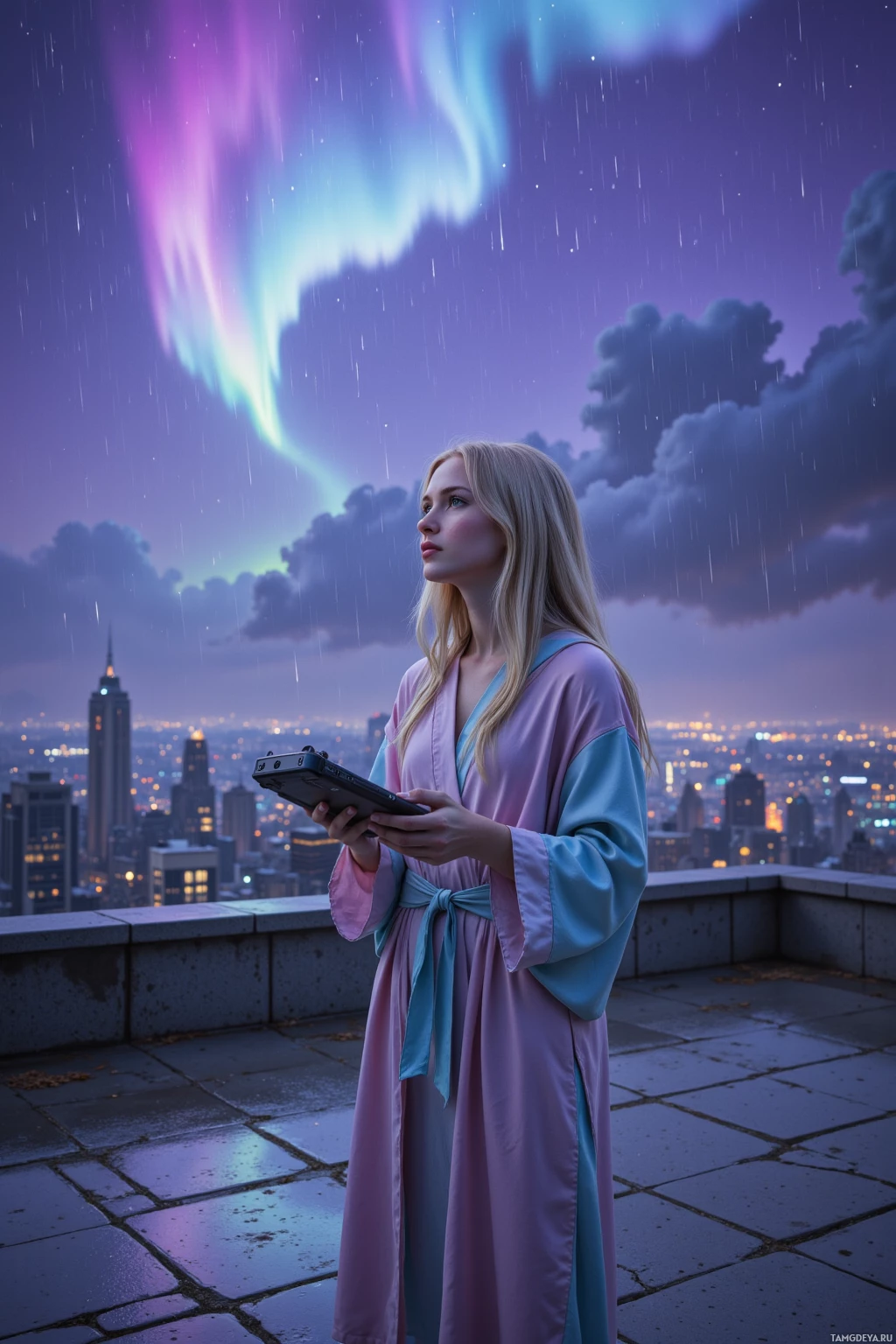 A woman in a pink robe stands on a rooftop, gazing at a vibrant aurora borealis in the night sky.