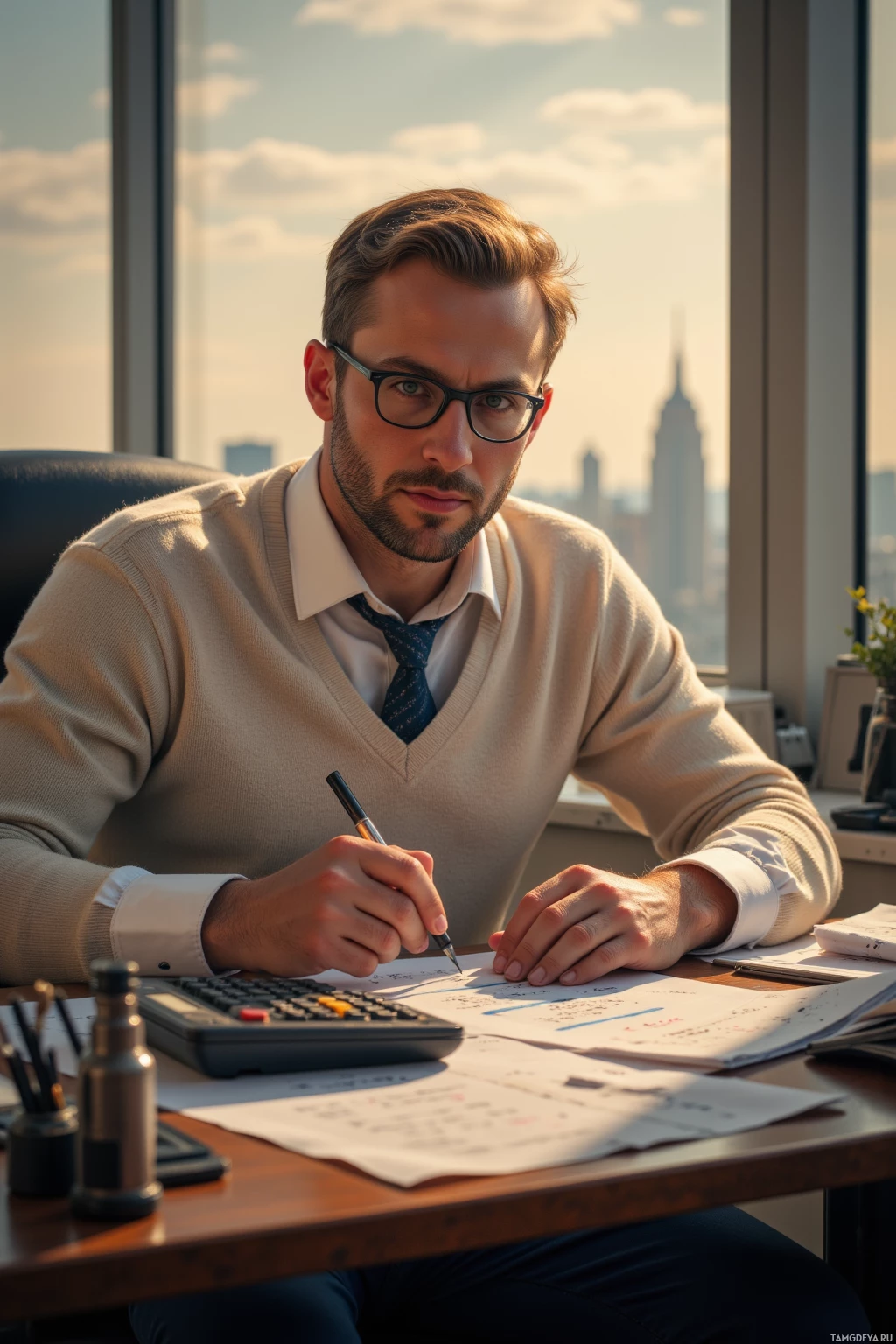 A man in a sweater and tie sits at a desk, writing on papers with a pen.