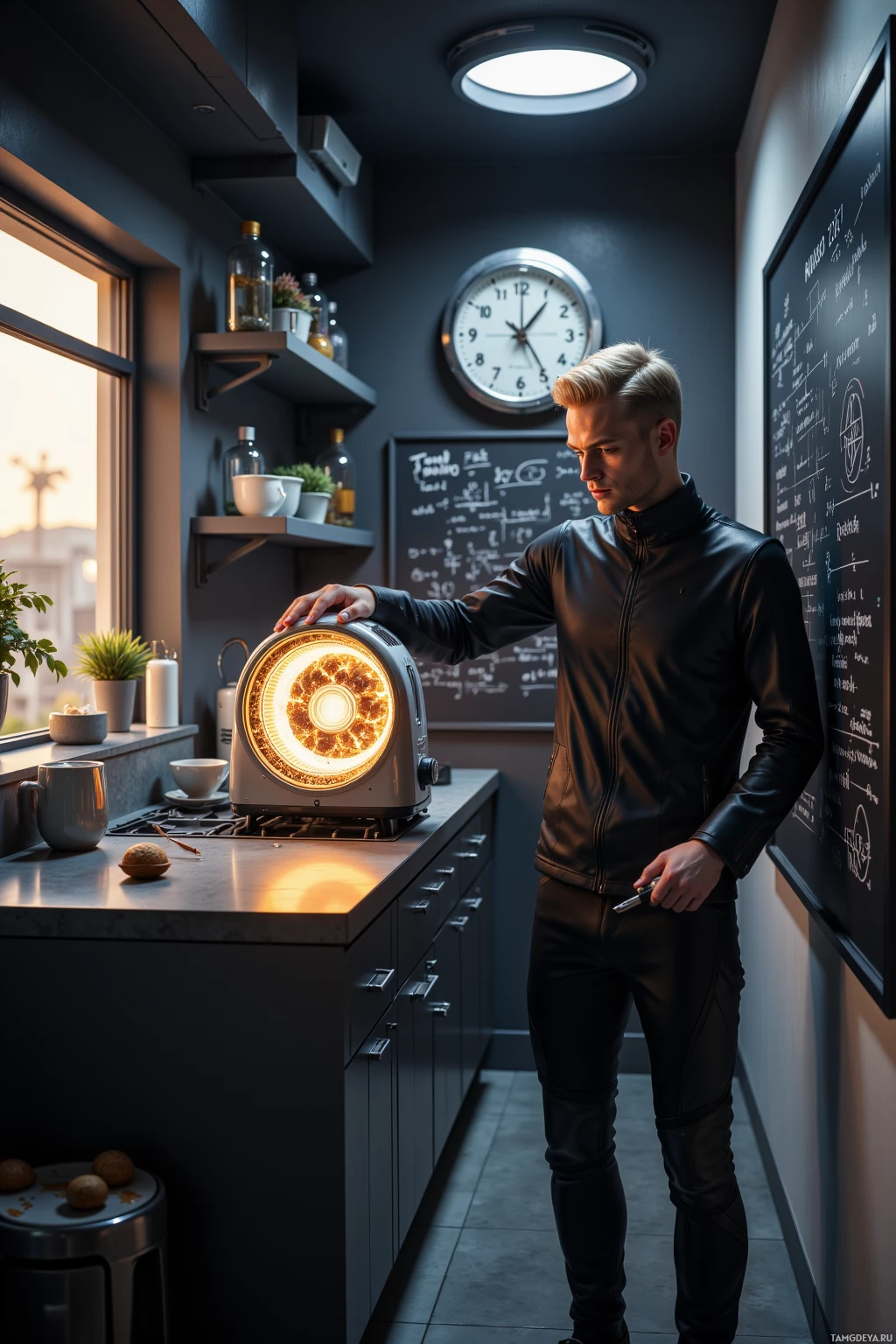 A man stands in a modern kitchen, holding a glowing device on the countertop.