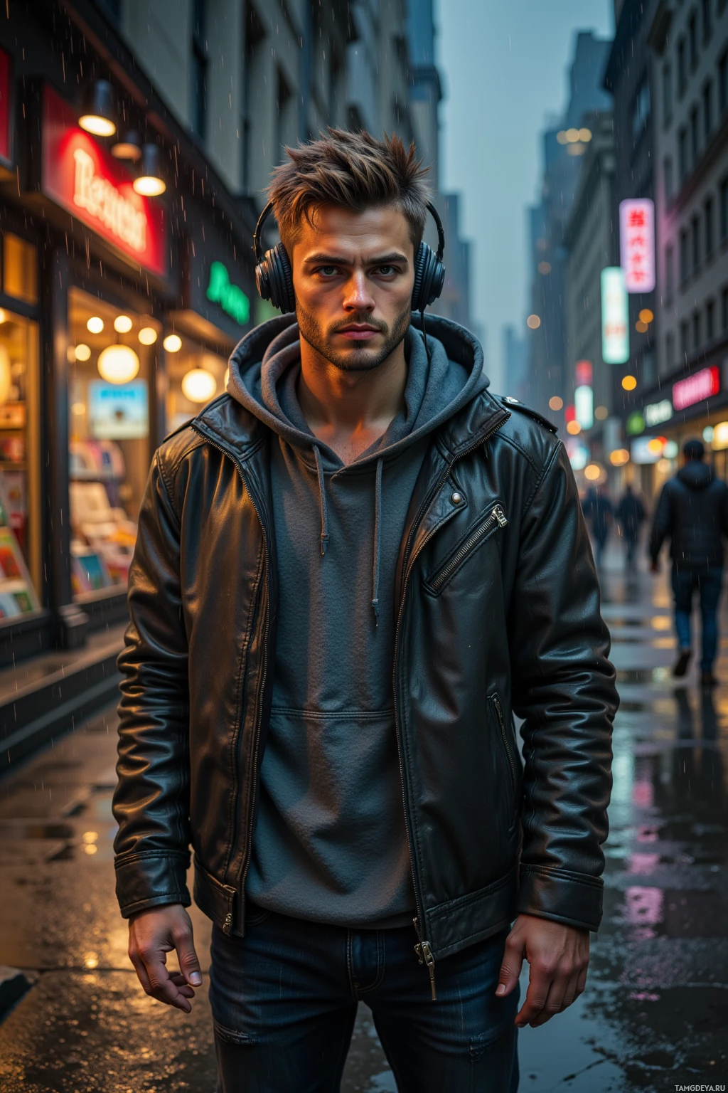 A man wearing a leather jacket and hoodie stands on a rainy street.