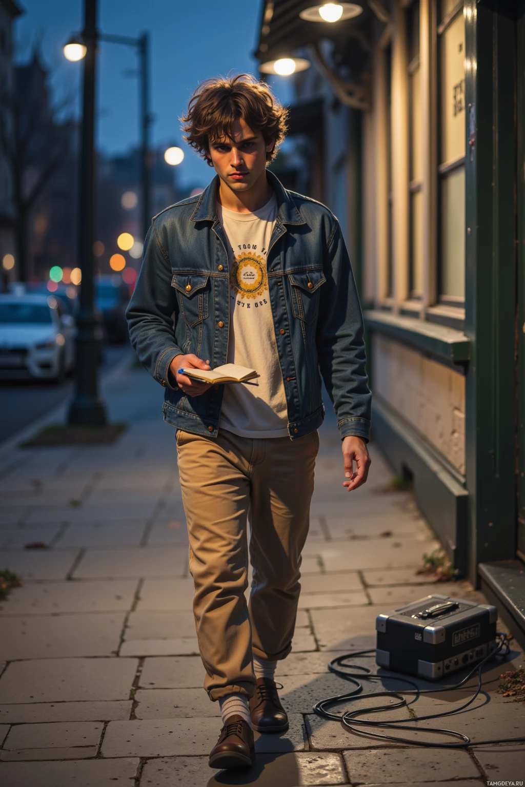 A person walks down a street at dusk, holding a notebook and pen, wearing a denim jacket and khaki pants.