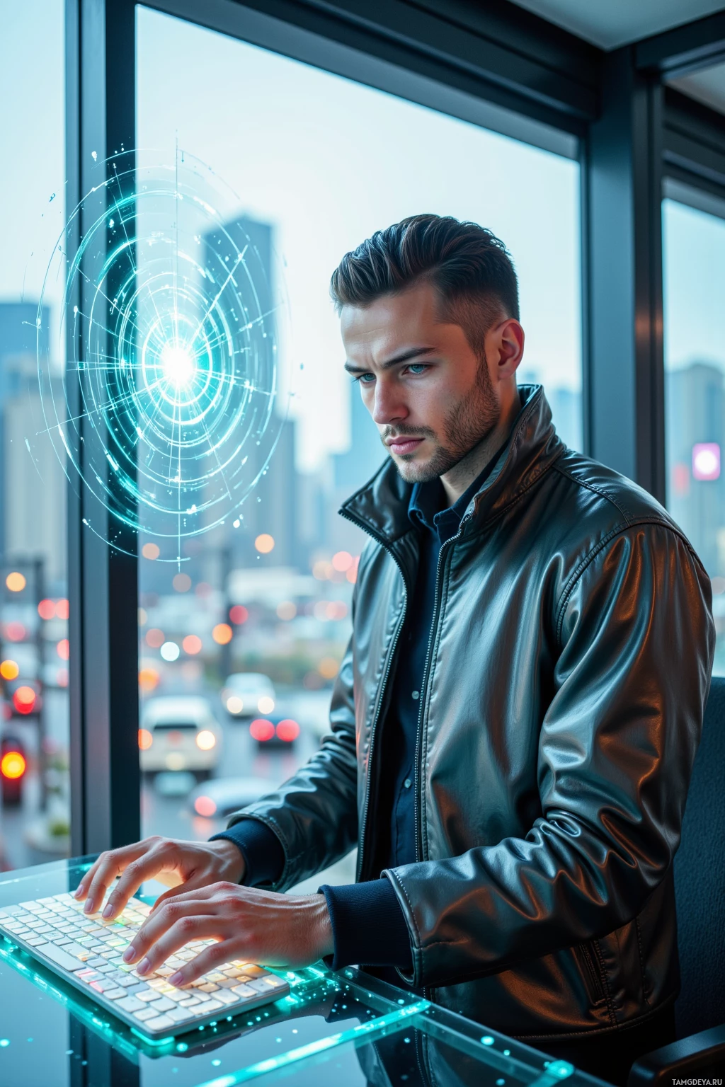 A man in a leather jacket types on a futuristic keyboard with glowing lights.