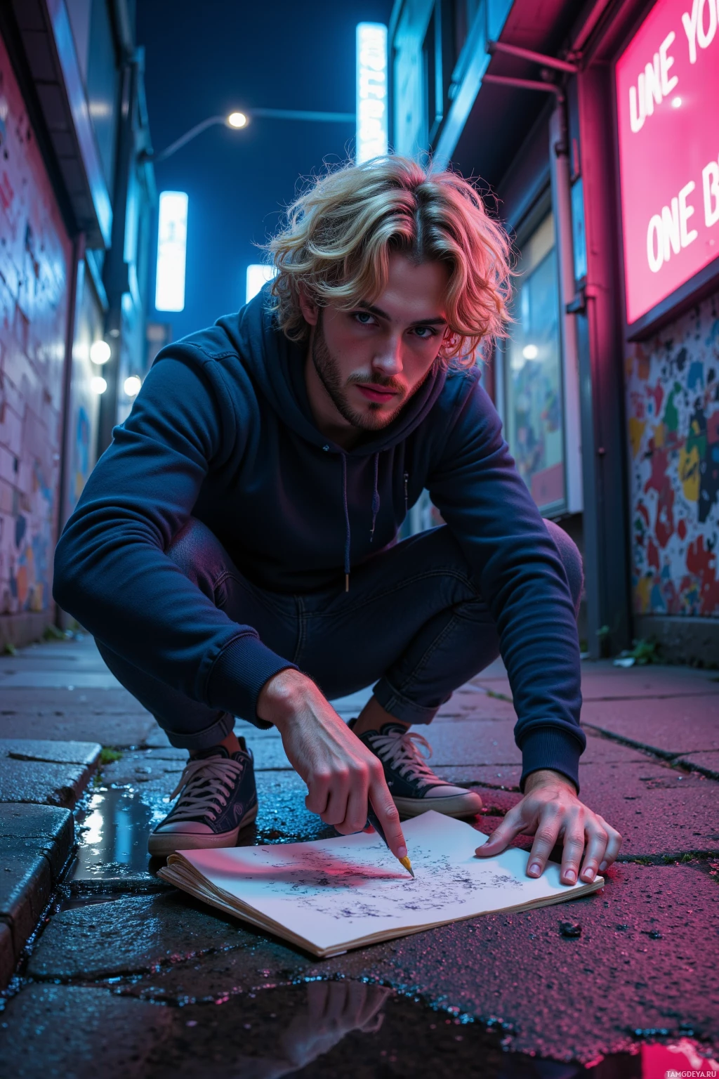 A person crouches on a wet sidewalk, drawing in a notebook under neon lights.