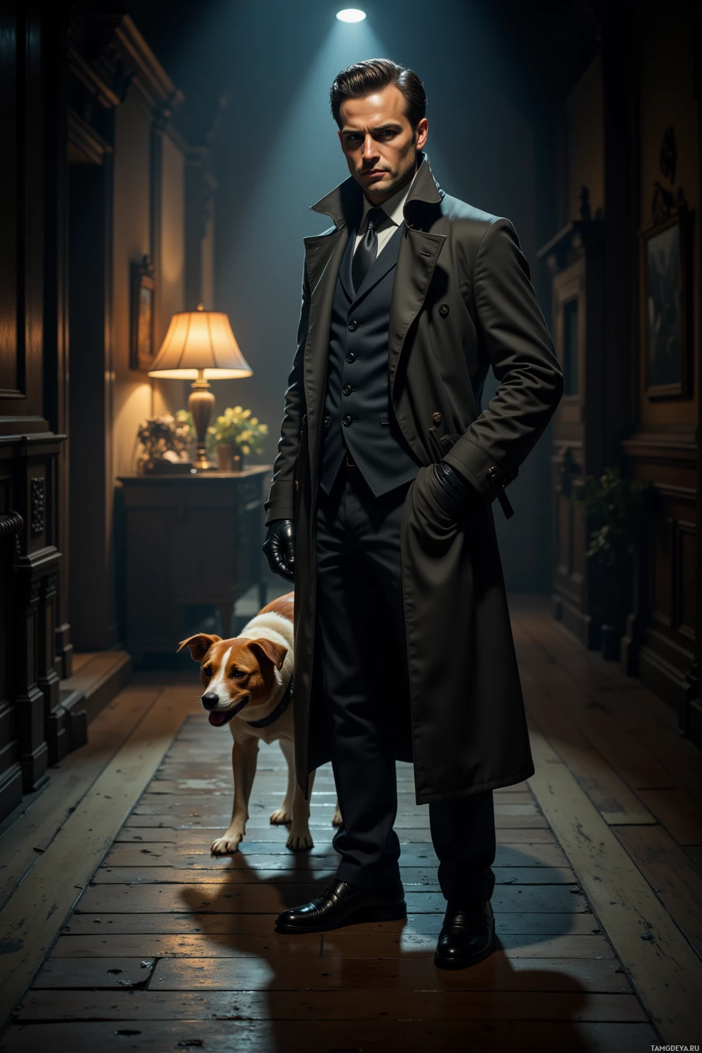 A man in a formal suit stands in a dimly lit hallway with a dog beside him.