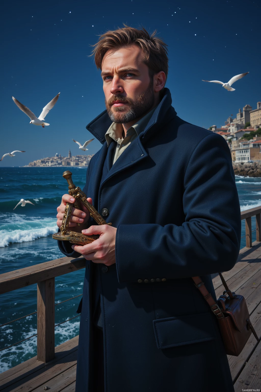 A man in a coat stands on a pier holding a compass, with seagulls and a coastal town in the background.