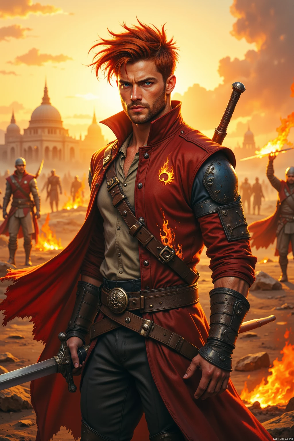 A warrior in a red cloak and armor stands in a desert with a city in the background.