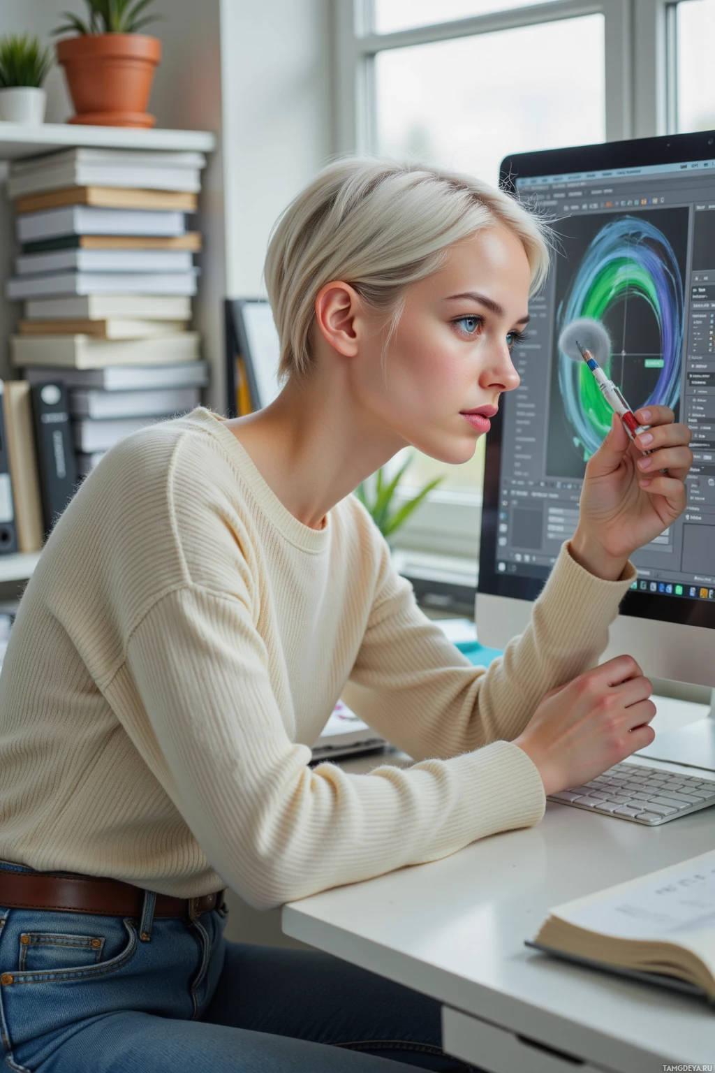 A woman is working at a desk with a computer, holding a stylus.
