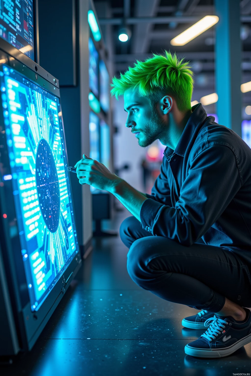 A person with green hair crouches in front of a large screen displaying a futuristic interface.