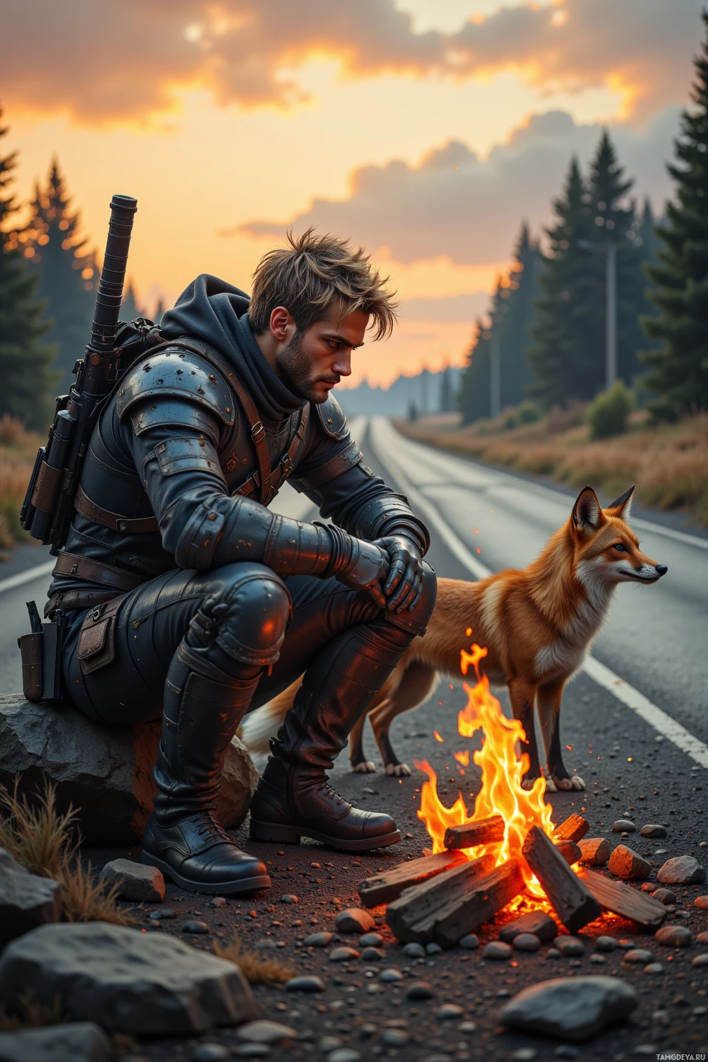 A man in armor sits beside a fox by a campfire on a road at sunset.