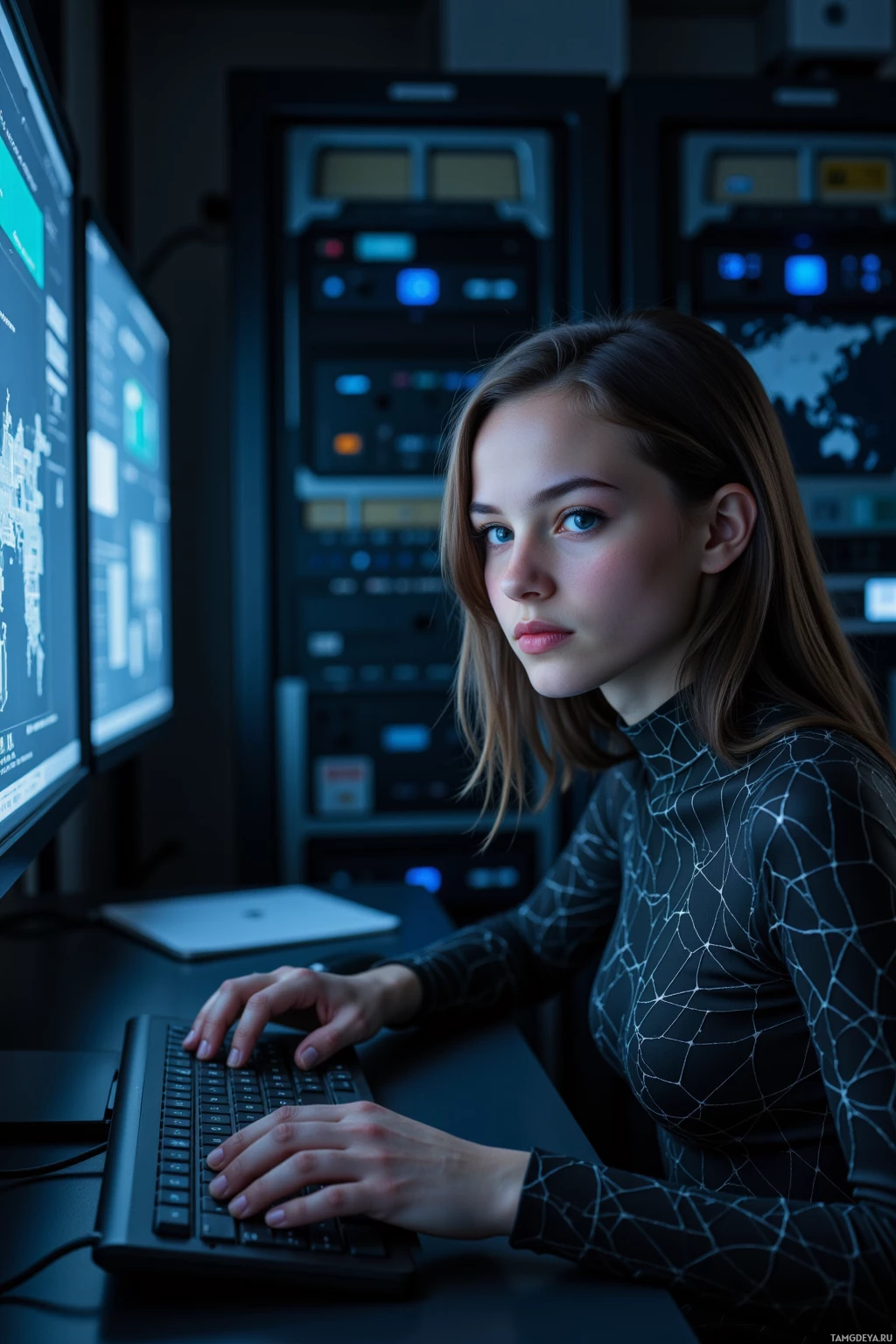 A person is working at a computer in a dimly lit room with multiple monitors and equipment.
