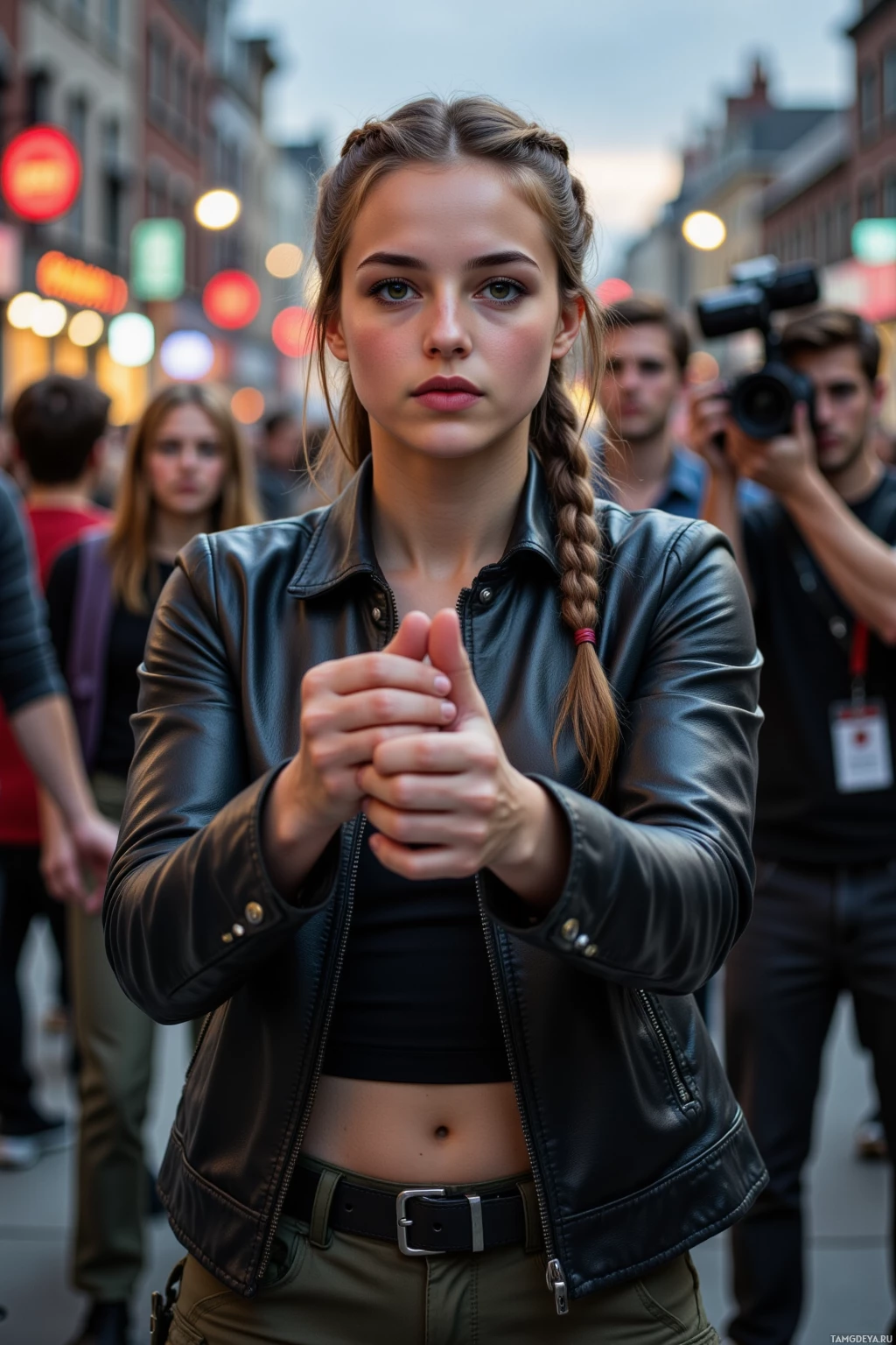 A young woman in a leather jacket stands in a crowded street, hands clasped in front of her.