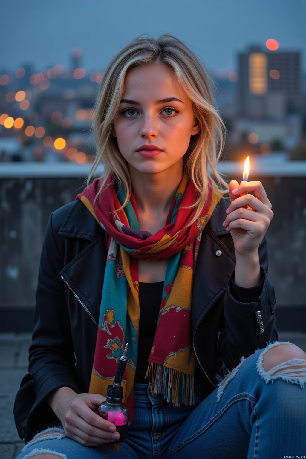 A person wearing a scarf and jacket holds a lit candle and a small bottle, with a cityscape in the background.