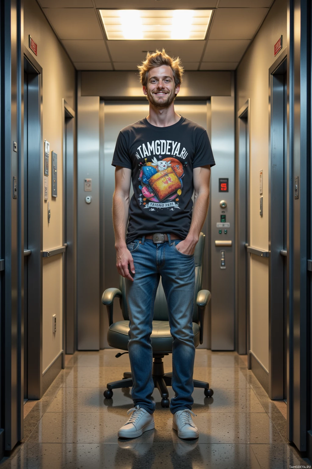 A man stands in a hallway wearing a graphic t-shirt and jeans.