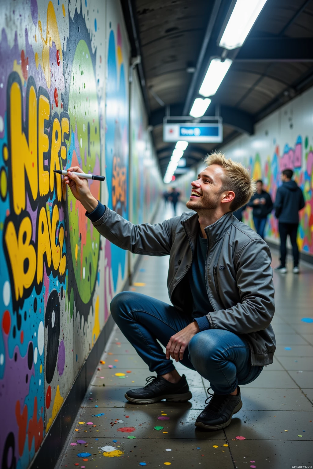 A person is crouching and drawing graffiti on a wall in a subway station.