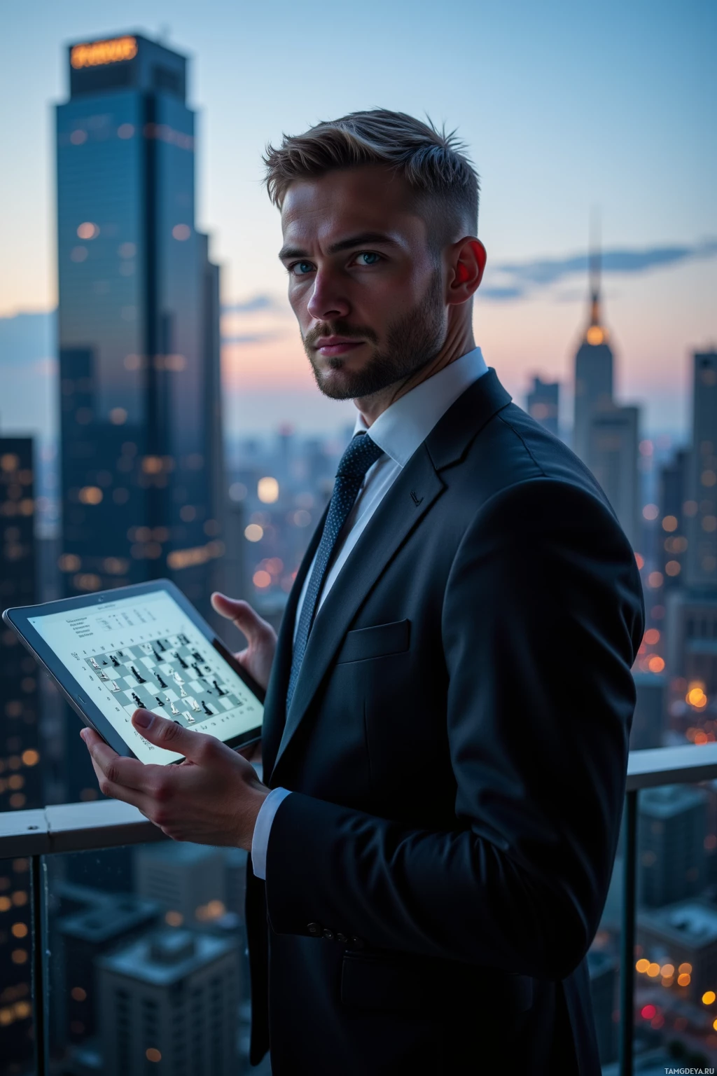 A man in a suit holds a tablet displaying a chessboard, standing against a cityscape backdrop.