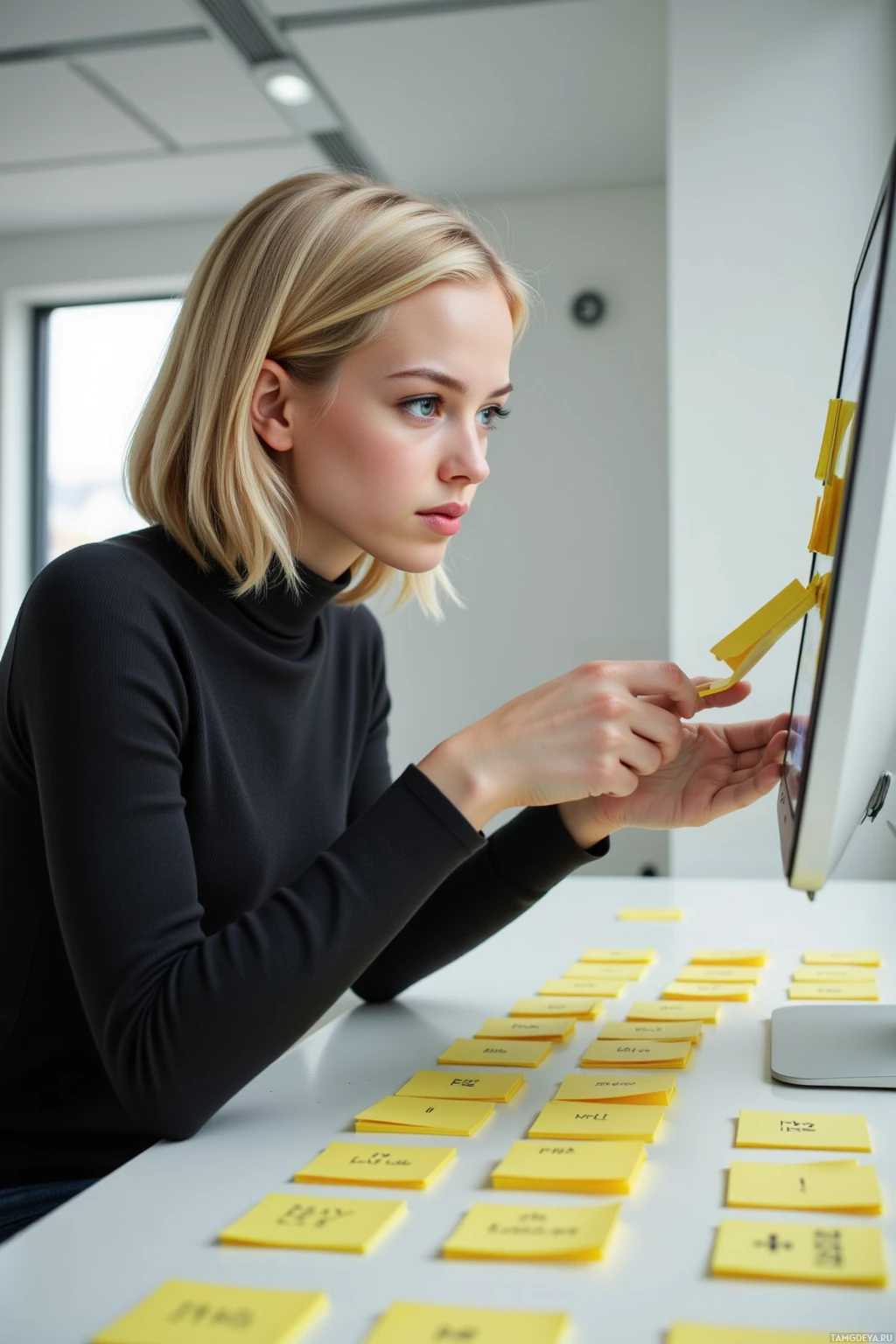 A person is working at a desk with sticky notes and a computer.