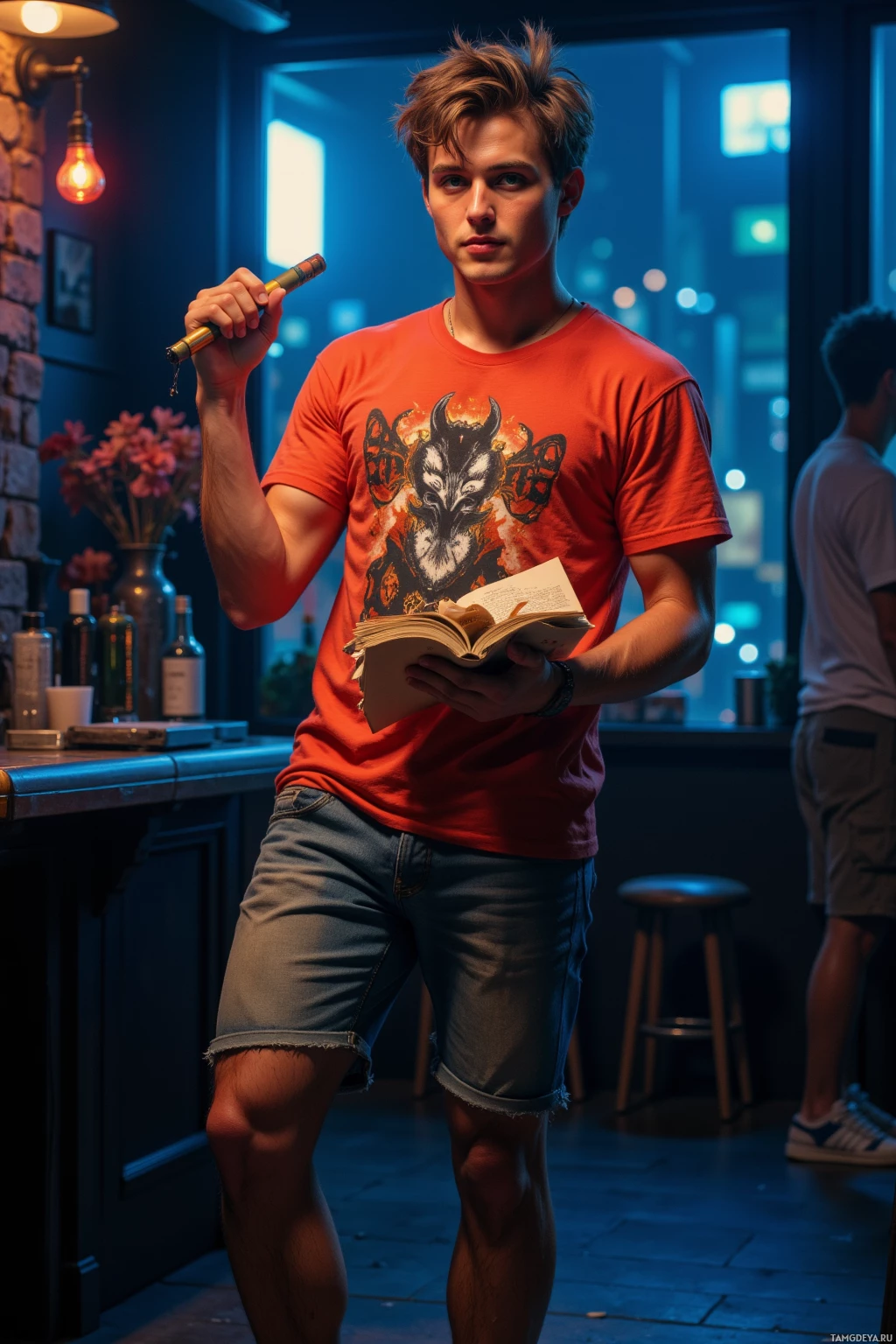 A young man in a red t-shirt and jeans stands in a dimly lit bar, holding a book and a lighter.