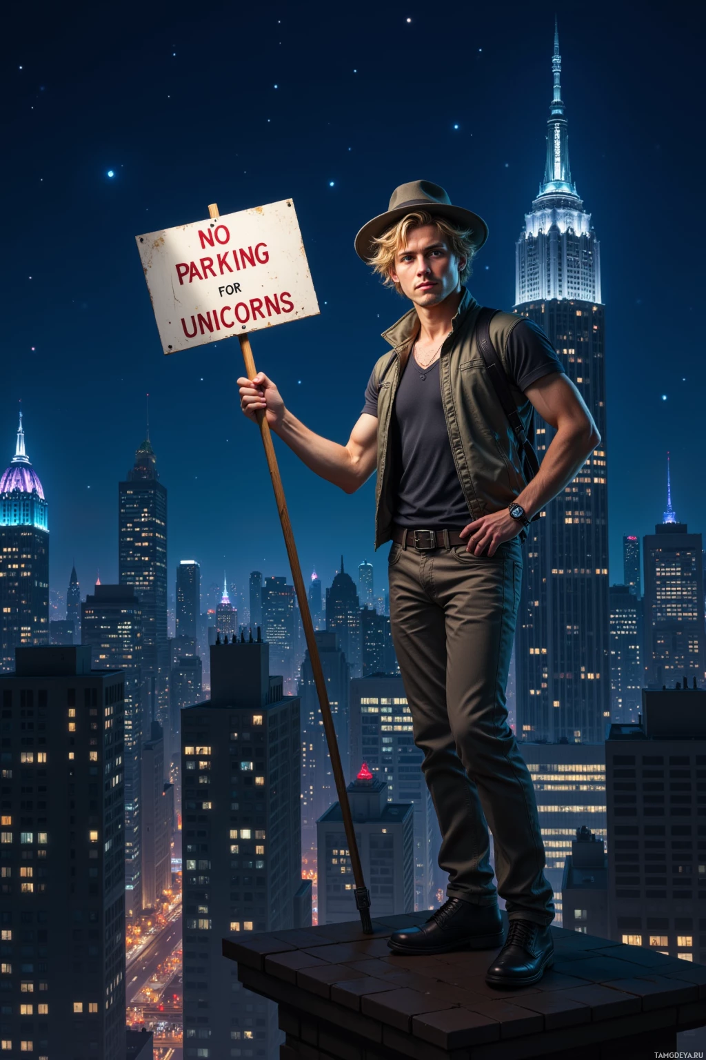 A man stands on a rooftop at night holding a sign that reads "NO PARKING FOR UNICORNS" with a cityscape in the background.