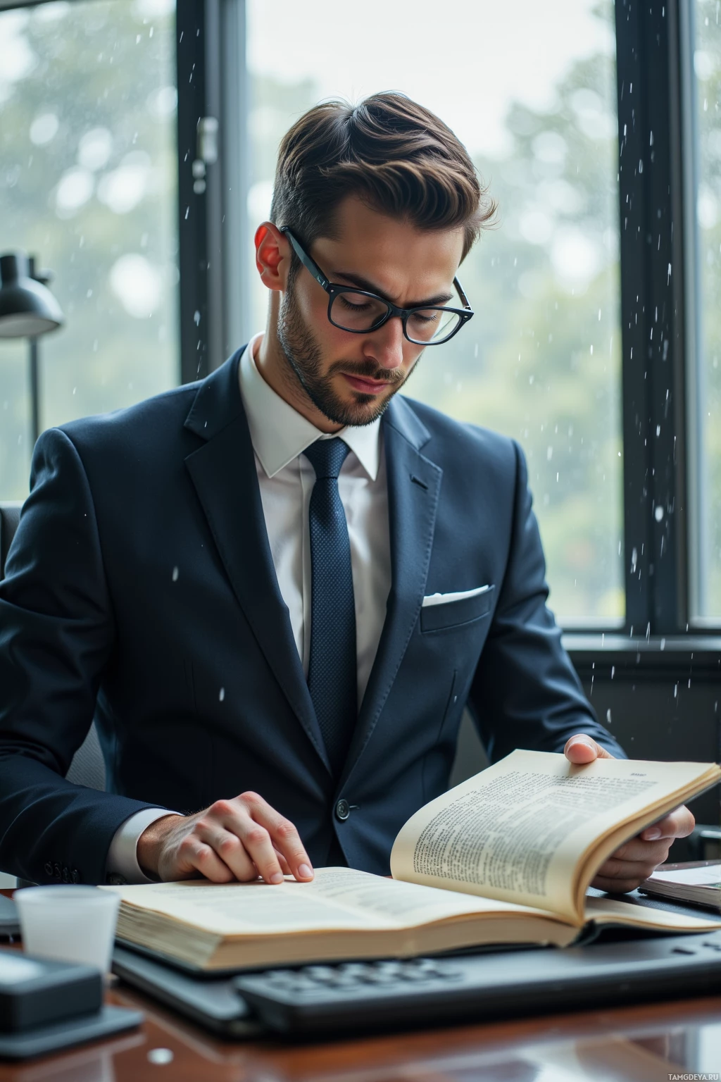 A man in a suit is reading a book at a desk.