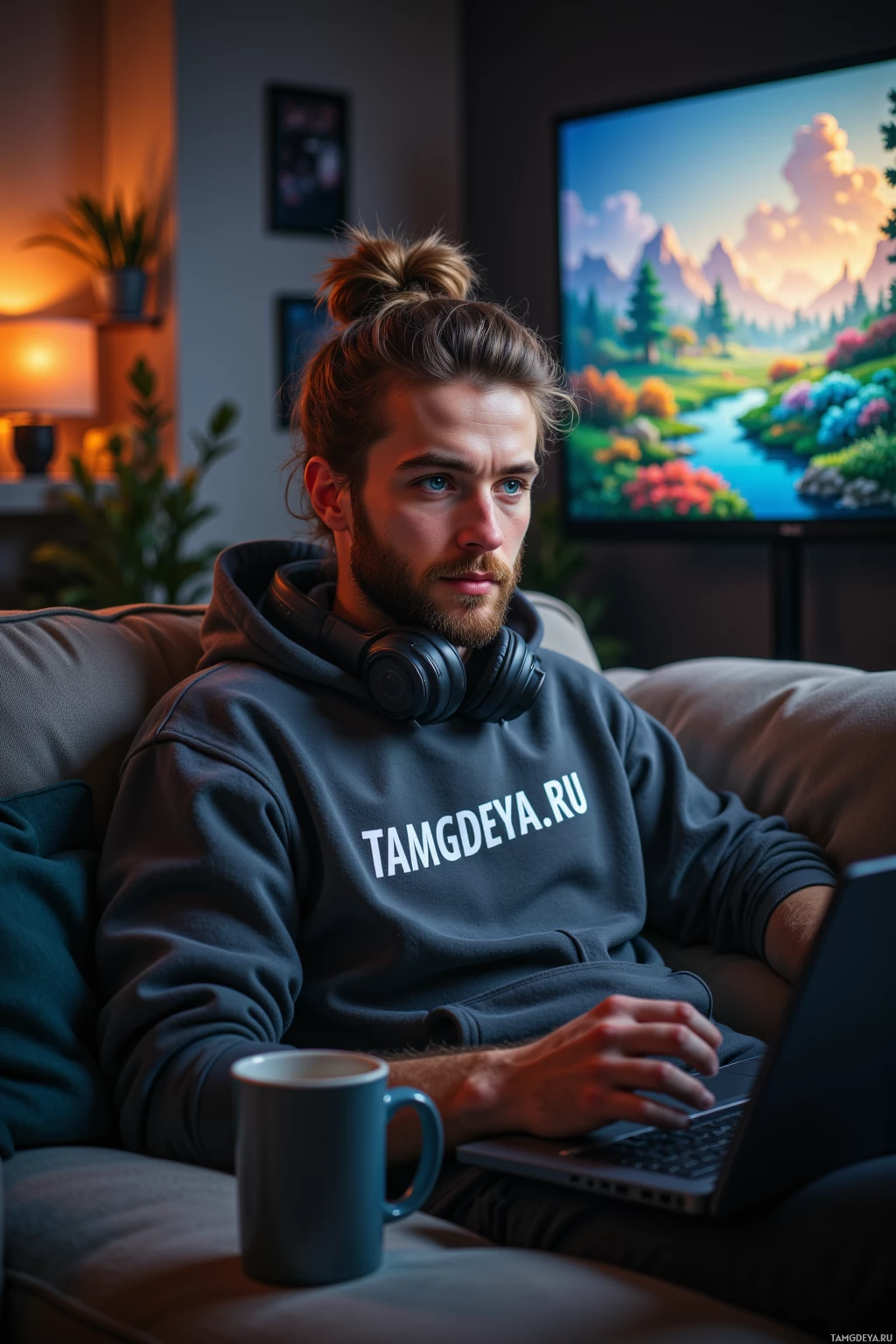 A man wearing a hoodie with "TAMGDEYA.RU" on it sits on a couch, using a laptop with headphones around his neck.