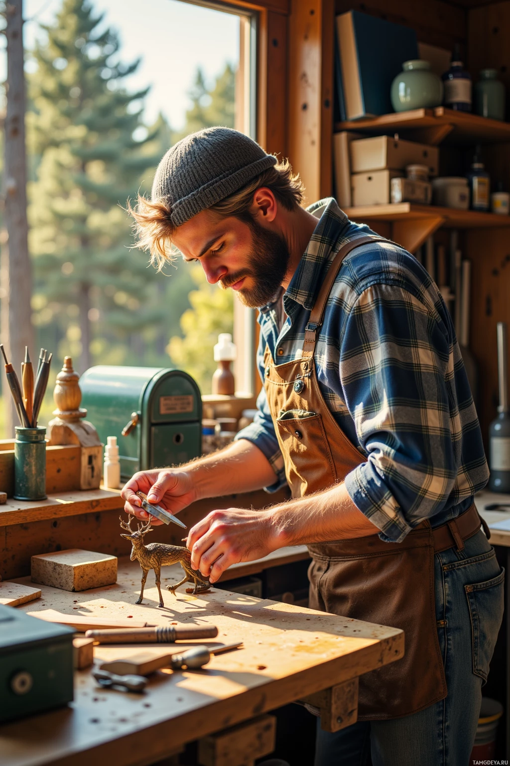 A man in a workshop is carefully carving a small wooden deer figurine.