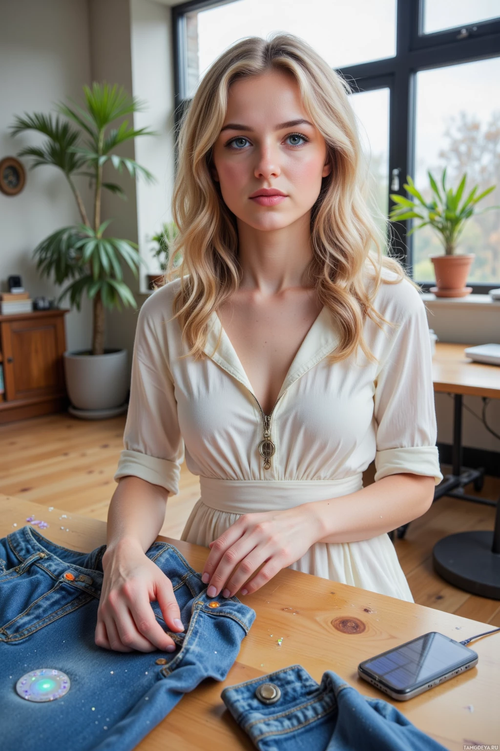 A woman in a beige dress stands at a wooden table with a pair of jeans and a smartphone.