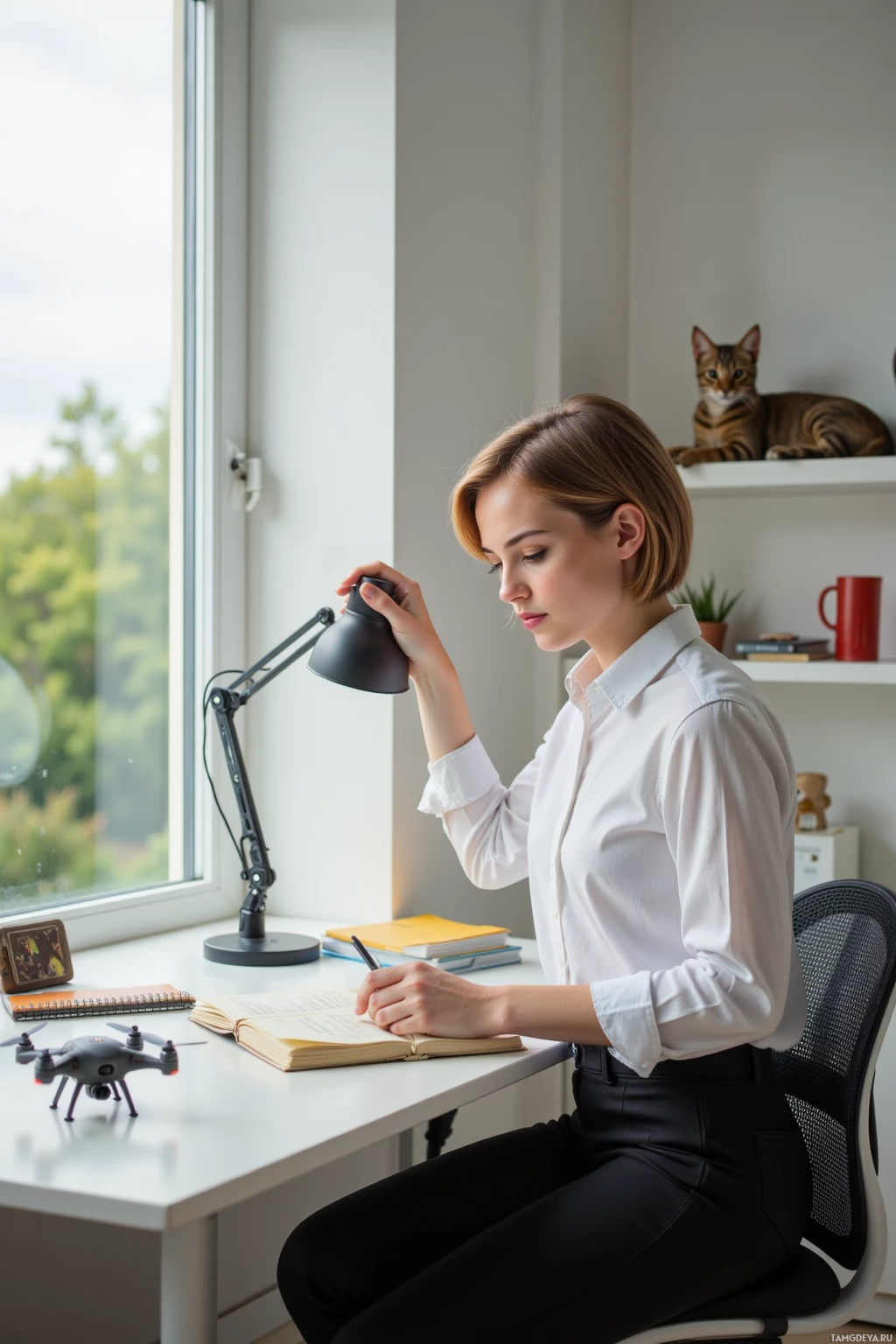 A woman in a white shirt is sitting at a desk, writing in a notebook with a lamp and a cat on a shelf in the background.
