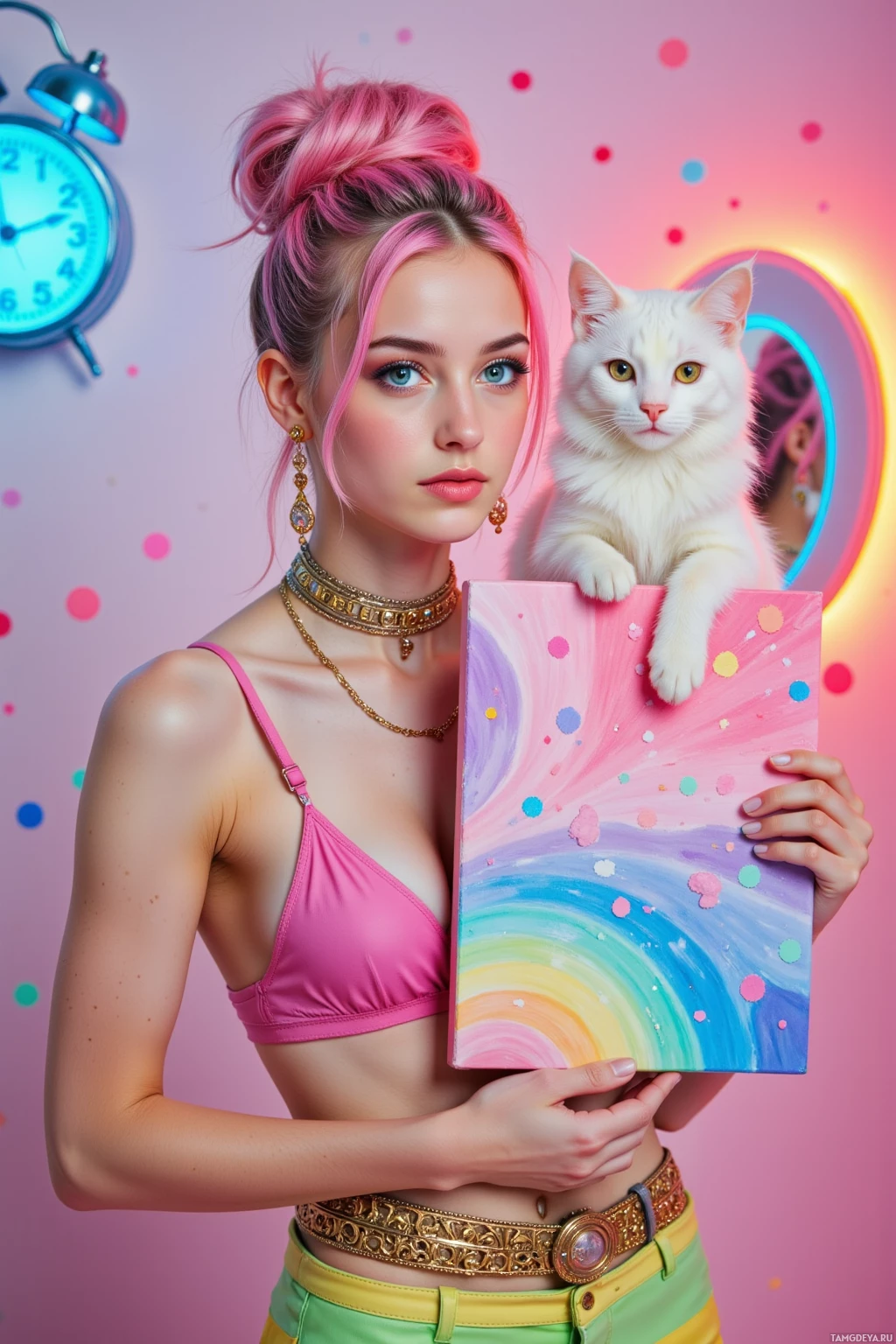 A person with pink hair holds a colorful painting while a white cat perches on it.