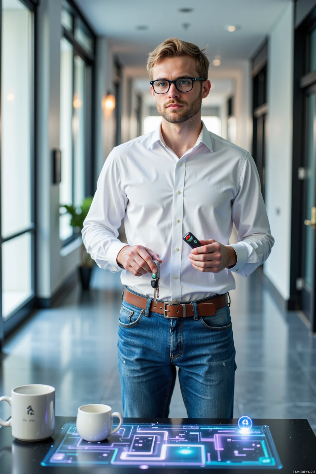 A man in a white shirt and jeans stands in a hallway holding a key fob and a mug.