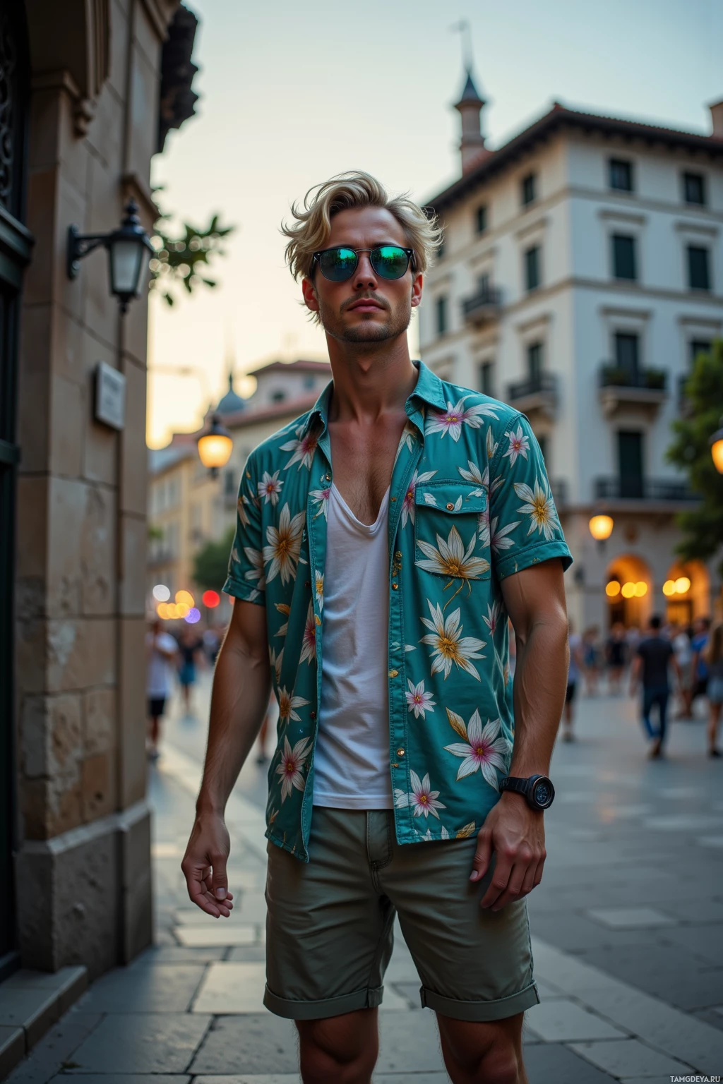 A man in a floral shirt and khaki shorts stands on a city street.