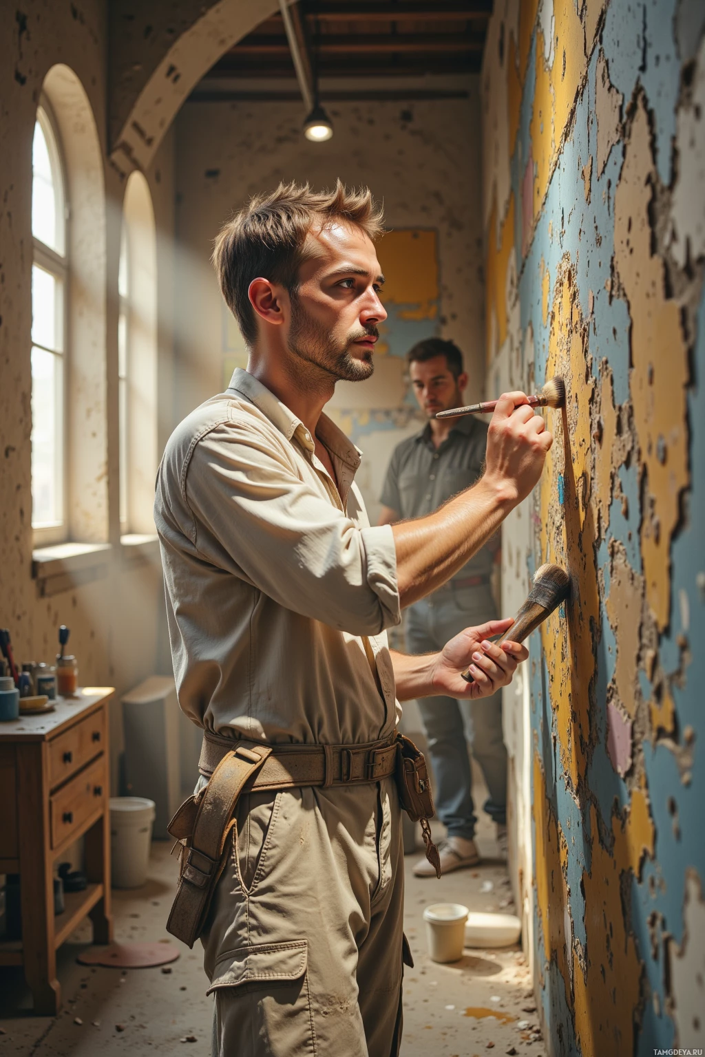 A man in a work uniform is painting a wall with a brush in a room with arched windows.