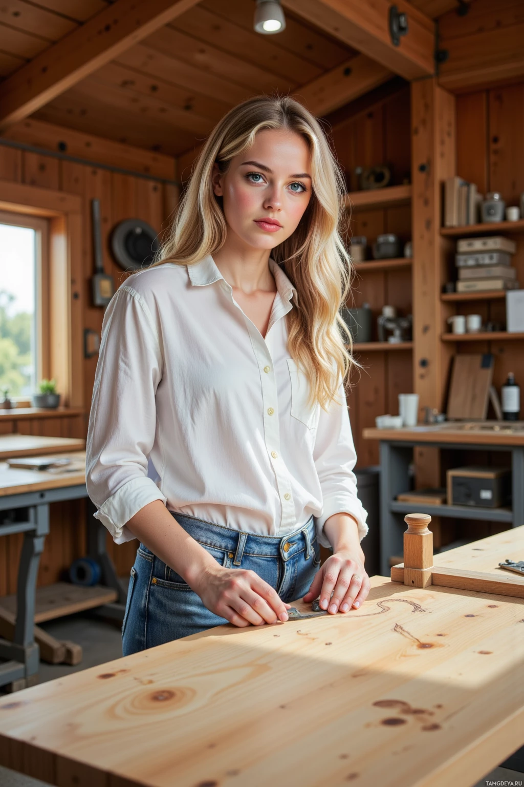 A woman stands in a wooden workshop, wearing a white shirt and jeans, with her hands resting on a workbench.