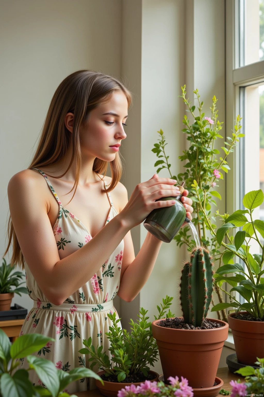 A woman waters a cactus plant by a window.