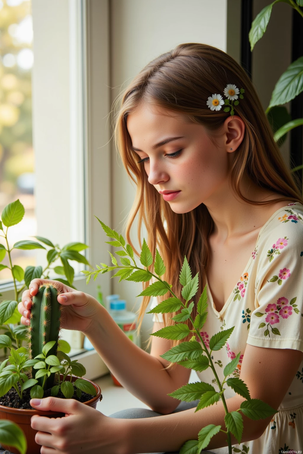 A young woman with flowers in her hair is tending to a potted plant by a window.