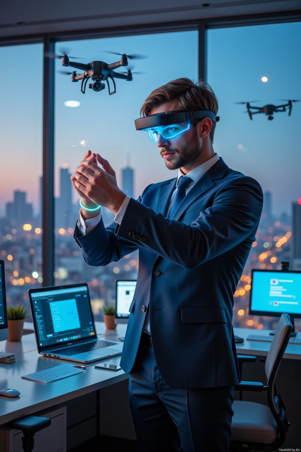 A man in a suit wearing futuristic glasses and interacting with a drone in a modern office setting.