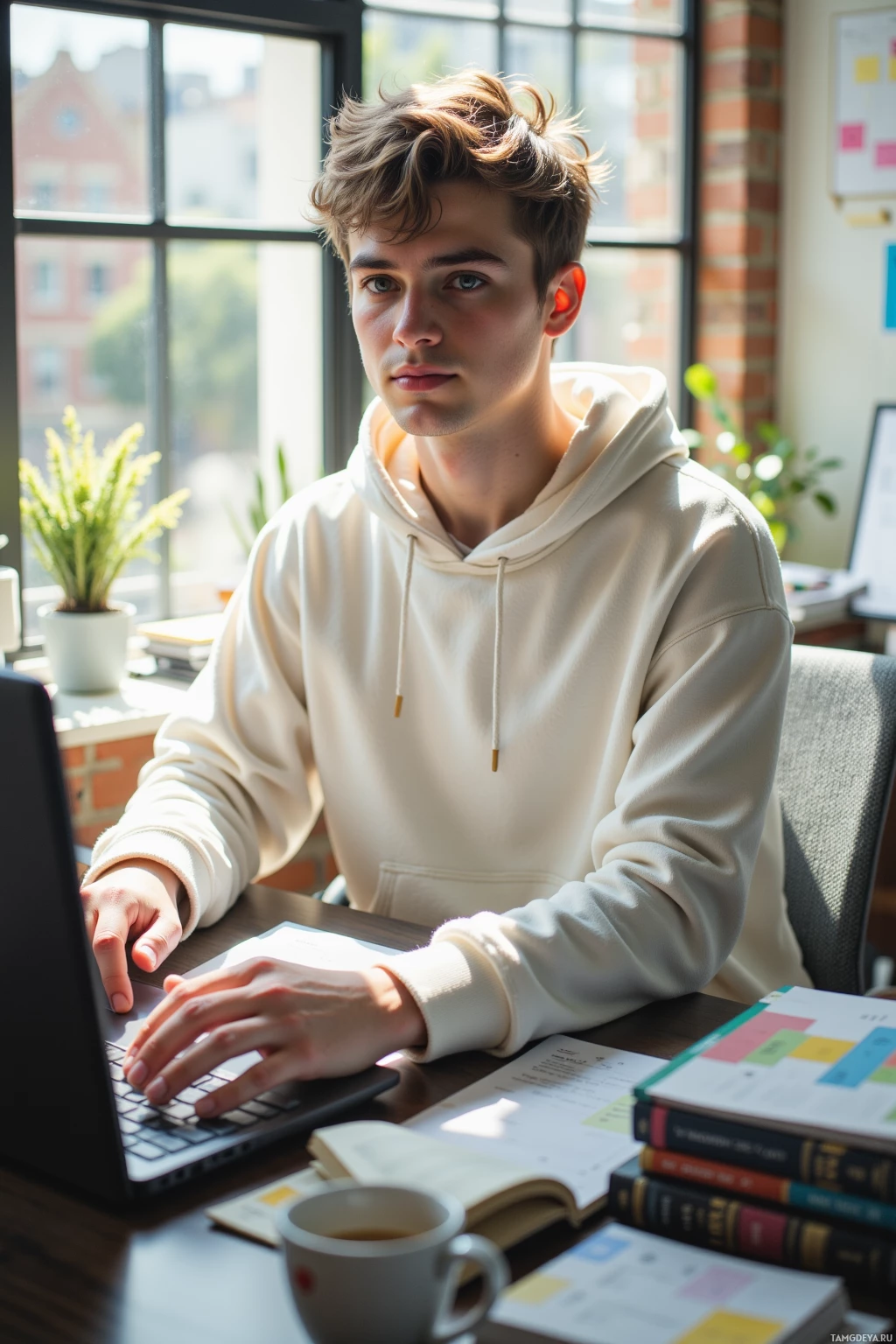 A person in a white hoodie is sitting at a desk, typing on a laptop.