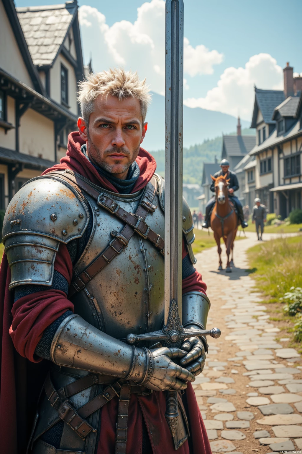 A knight in armor stands on a cobblestone path, holding a sword, with a horse and rider in the background.