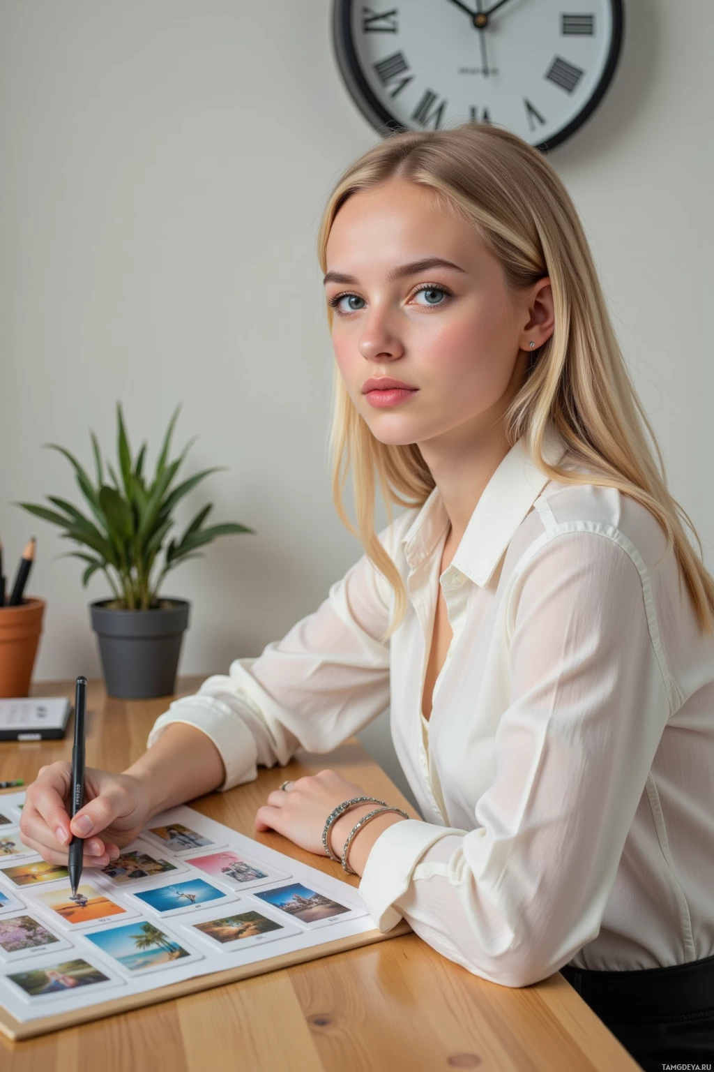 A woman in a white blouse sits at a desk, holding a pen and looking at a spread of photographs.