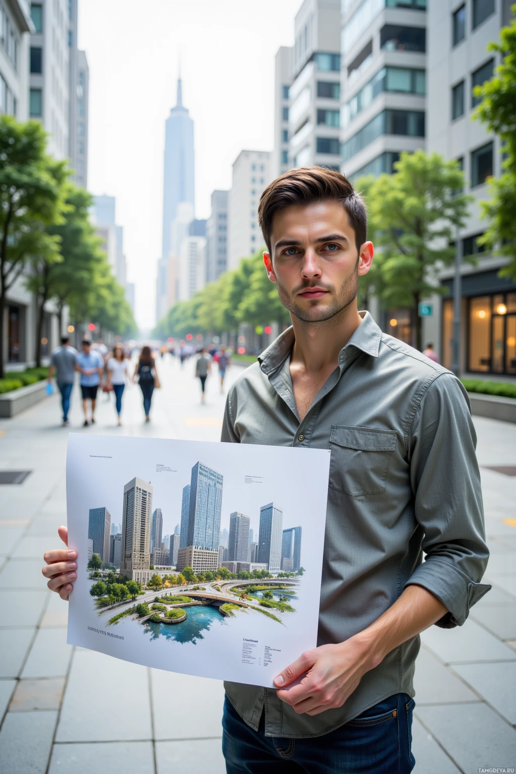 A man stands on a city street holding a large architectural rendering of a modern cityscape.