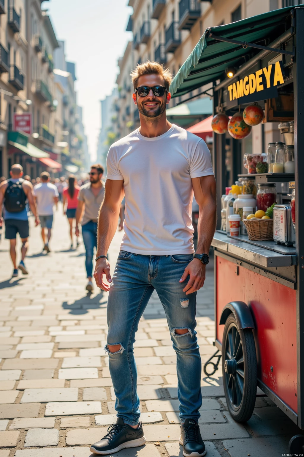 A man in a white t-shirt and jeans stands on a sunny street near a food cart.