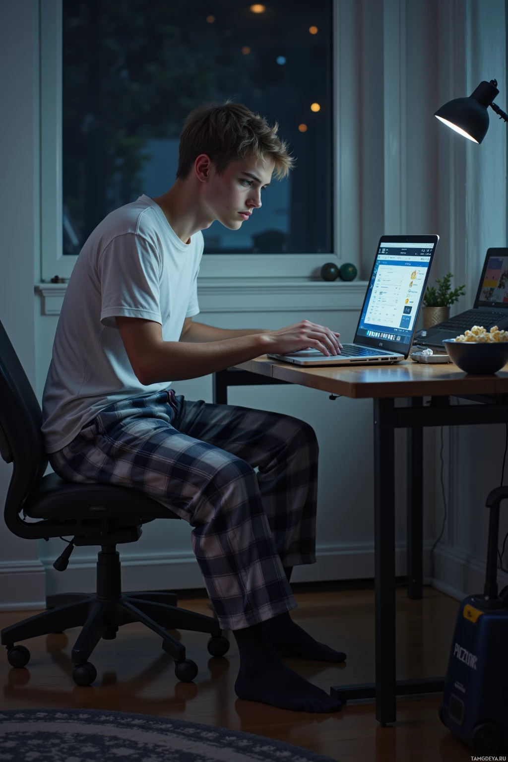 A young person in pajamas works on a laptop at a desk in a dimly lit room.