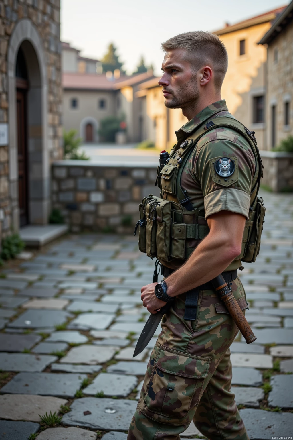 A soldier in camouflage uniform stands in a courtyard, holding a knife.