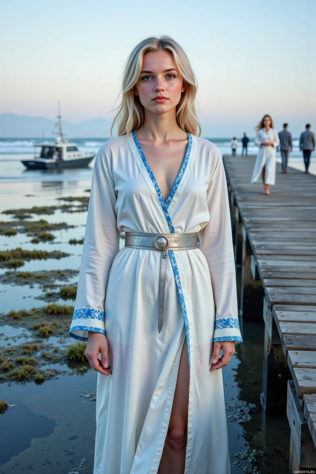 A woman in a white dress stands on a pier by the sea, with people and a boat in the background.