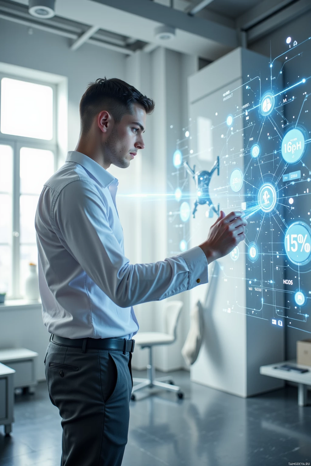 A man in a business shirt interacts with a digital interface displaying network data.