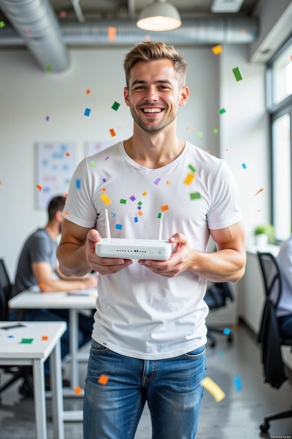 A man in a white t-shirt holds a white device with antennas, smiling in a modern office setting.
